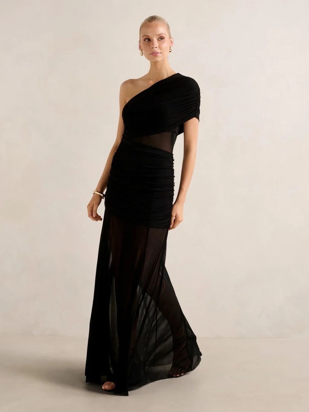 Ever New Black One-Shoulder Mesh Gown